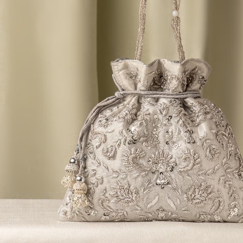 Elegant Zardozi Hand Embroidery Silver Fabric Drawstring Bag (Pack of 10 Pieces)