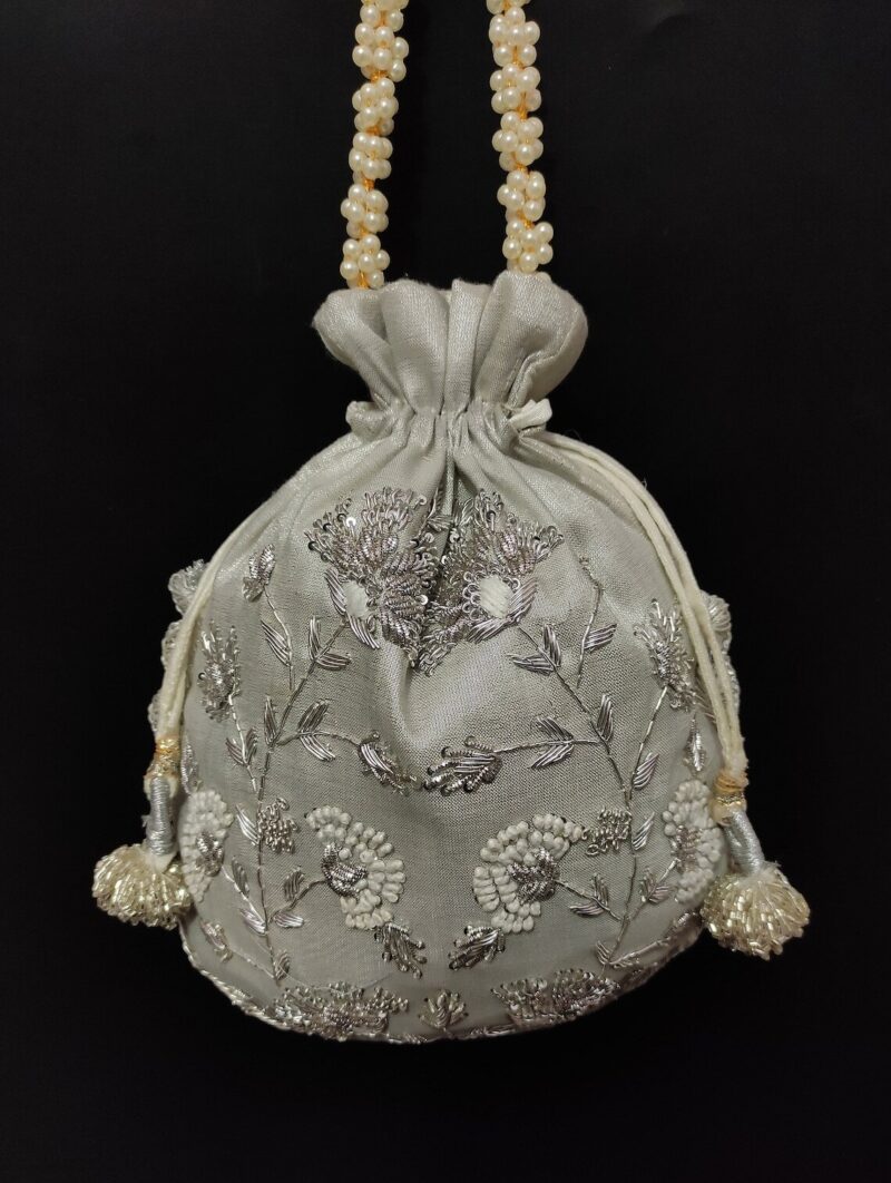 Beautiful french knot sequin zardosi embroider designer inspired evening silver bag for woman