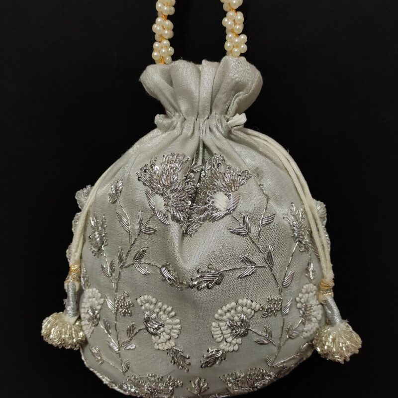 Beautiful french knot sequin zardosi embroider designer inspired evening silver bag for woman