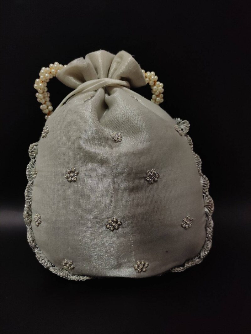 Beautiful french knot sequin zardosi embroider designer inspired evening silver bag for woman - Image 4
