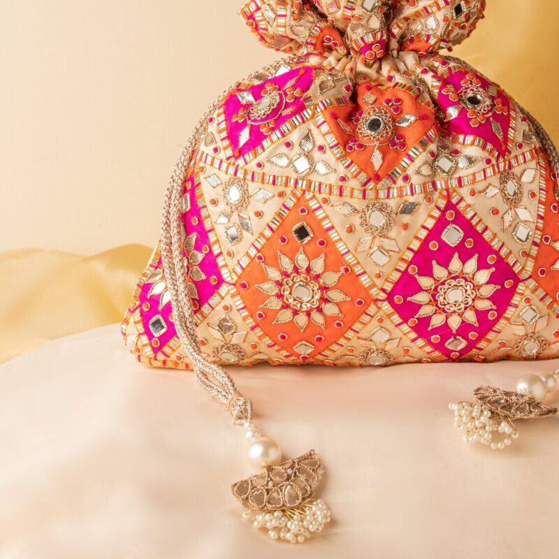 Artisan Handcrafted Wedding Drawstring Pouch Purse | Gota Patti Mirror Work Indian Exclusive Potli Purse | Designer Evening Small Bag Woman